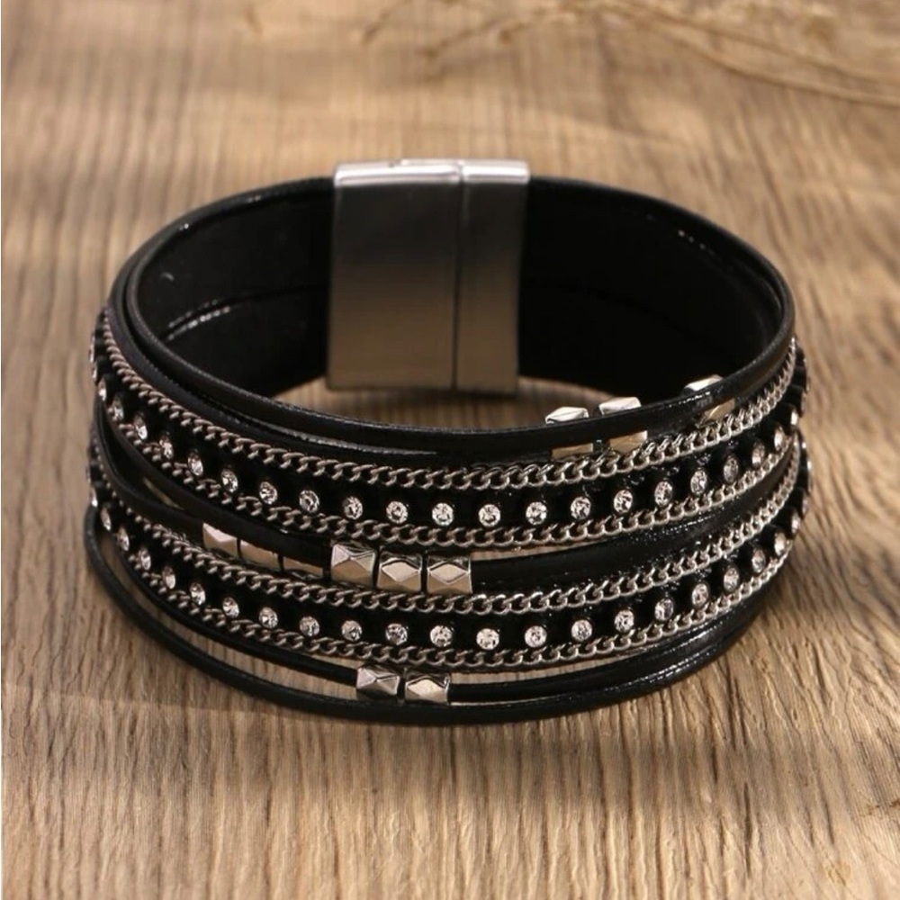 Black Multi-Row Crystal & Chain Wrap Bracelet